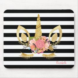 Mousepad Dourada face Unicórn,faixas brancas pretas