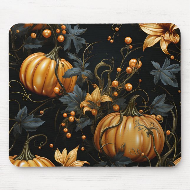 MOUSEPAD DOURADA HALLOWEEN PUMPKINS ESCURAS FOLHAS VERDE ES (Frente)