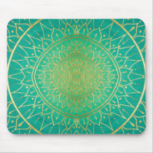 Mousepad Dourada Mão Verde Emerald Desenhou Mandala