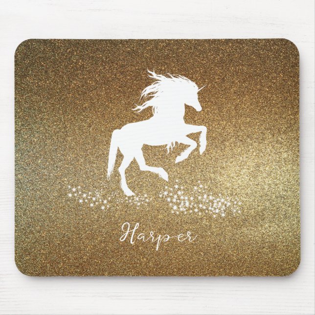 Mousepad Dourada proteção de mouse Unicorn com brilho (Frente)