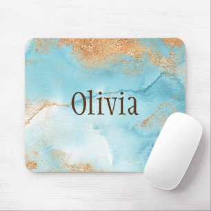 Mousepad Dourada Turquoise Watercolor Abstrato Name Modern