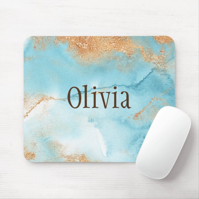 Mousepad Dourada Turquoise Watercolor Abstrato Name Modern (Com mouse)