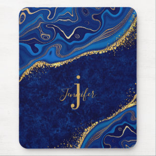 Mousepad Dourado e Azul Agate Moderno Elegante Marble Perso