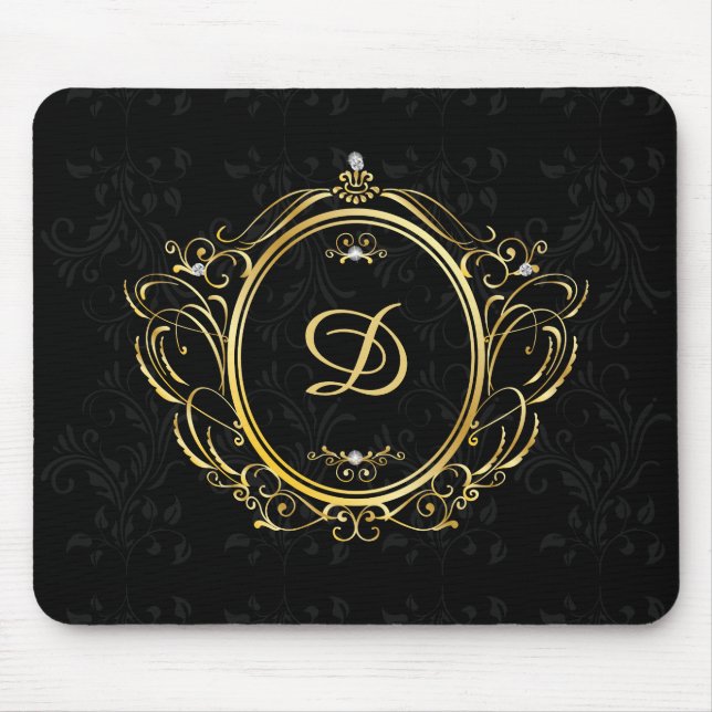 Mousepad Dourado Frame negro do Quadro de Luxo Monograma (Frente)