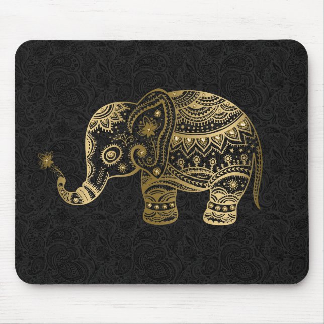 Mousepad Dourado Fundo Preto do Elefante Floral (Frente)