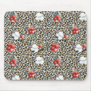 Mousepad Dourado Leopardo Impresso Vermelho Floral Branco