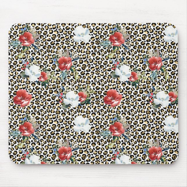 Mousepad Dourado Leopardo Impresso Vermelho Floral Branco (Frente)