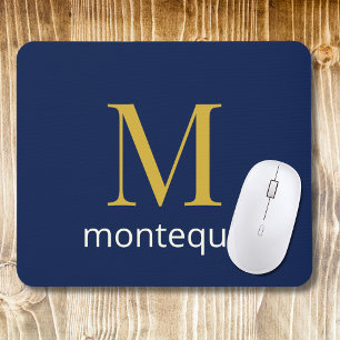 Mousepad Dourado Monograma Navy Profundo Nome Personalizado