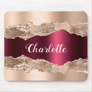 Mousepad dourado rosa burgundy metal agate marble name scri