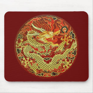 Mousepad Dragão asiático ouro bordado em vermelho escuro