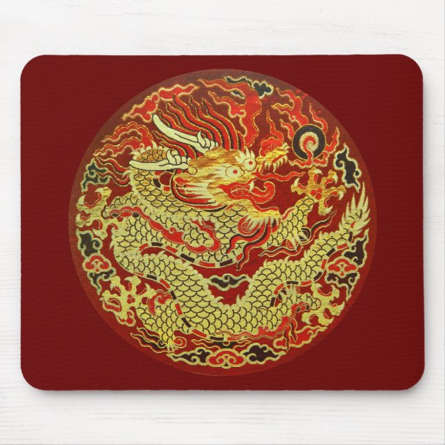 Mousepad Dragão asiático ouro bordado em vermelho escuro (Frente)