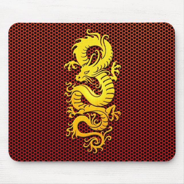 Mousepad Dragão chinês amarelo na malha de aço (Frente)