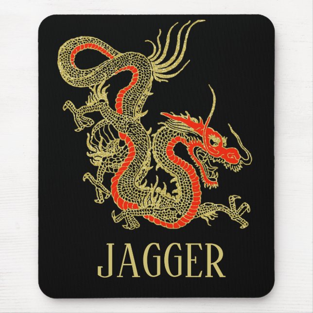 Mousepad Dragão Chinês da Fantasia Dourada Vermelha (Frente)