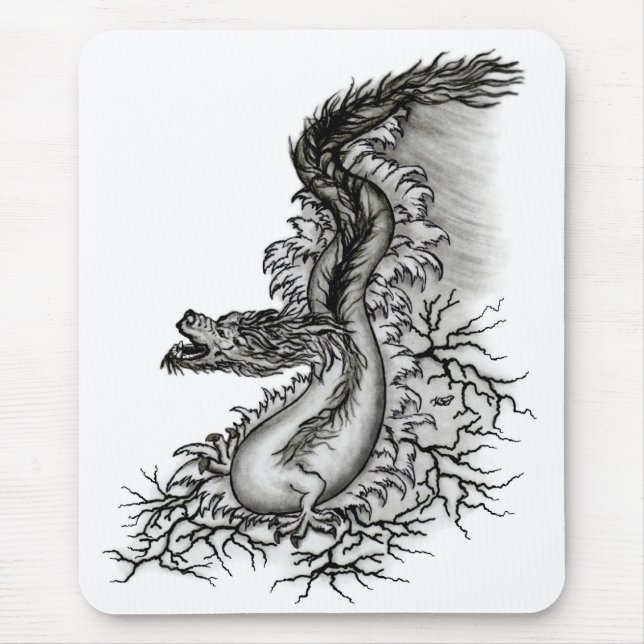 Mousepad Dragão chinês, Design preto e branco em tatuostilo (Frente)
