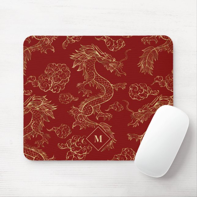 Mousepad Dragão chinês Dourado e vermelho escuro (Com mouse)