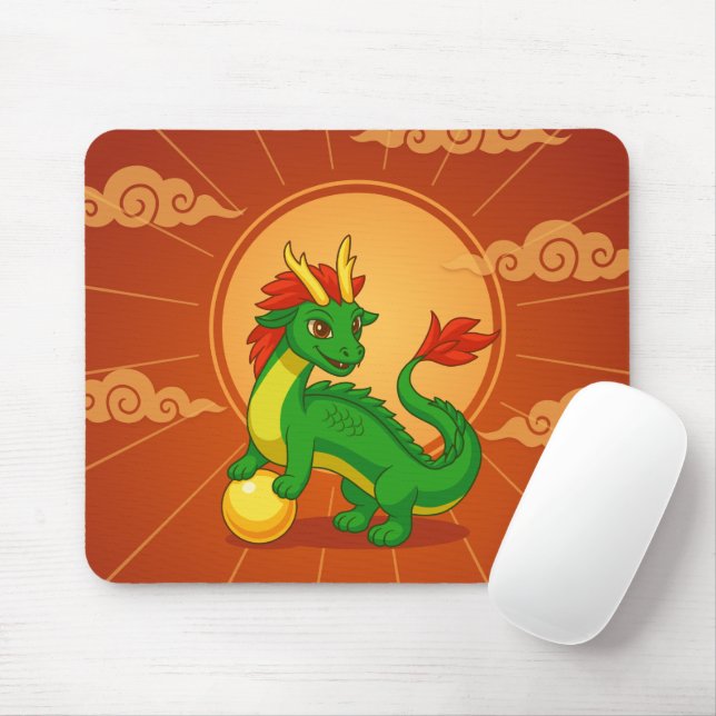 Mousepad Dragão Chinês Verde sobre Vermelho (Com mouse)