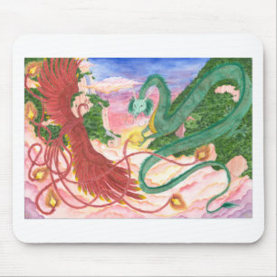 Mousepad Dragão e Phoenix do por do sol da floresta