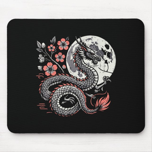 Mousepad Dragão Japonês Sakura Lua Cerejeira Flor Homens Sa (Frente)