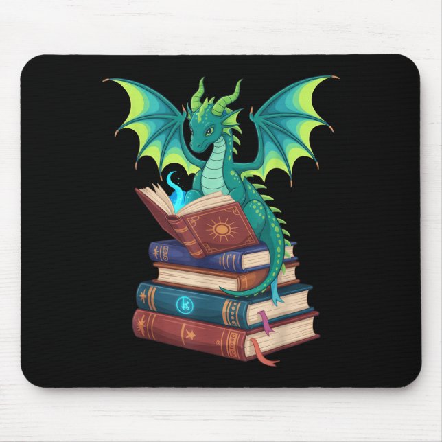 Mousepad Dragon Reading Books Fantasy Lovers Mythical Creat (Frente)