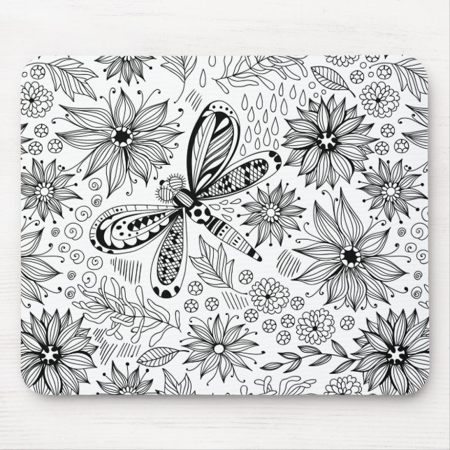 Mousepad Dragonfly e flores rabisco (Frente)