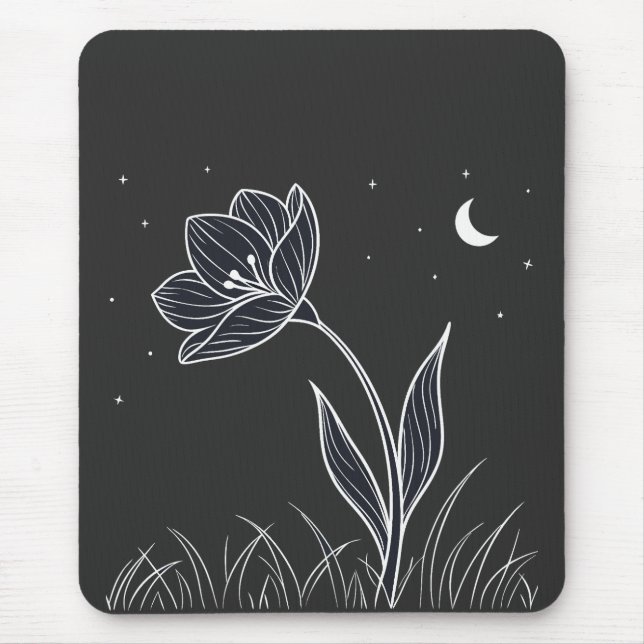 Mousepad Dreamy Moonlit Flower Line Art com estrelas (Frente)