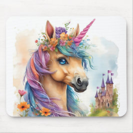 Mousepad Dreamy Unicorn Watercolor com Castelo e Flores