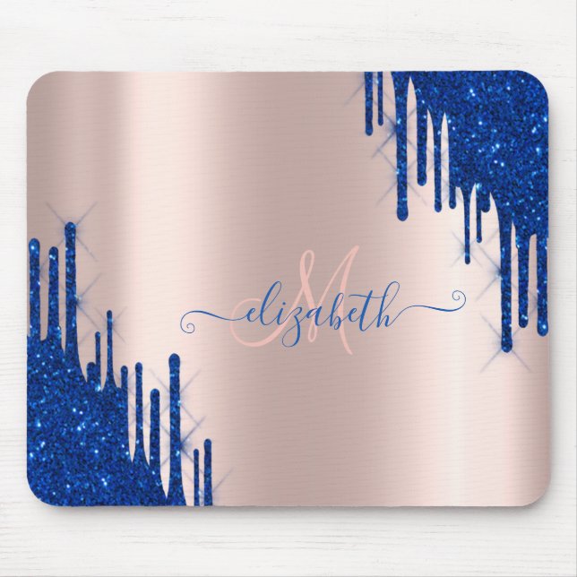 Mousepad Drips de Brilho Azul Moderno Monograma Dourado Ros (Frente)