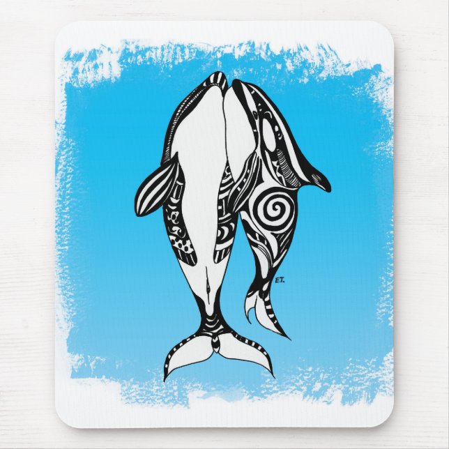 Mousepad Duas Baleias Orca Azul Tribal Bruto (Frente)