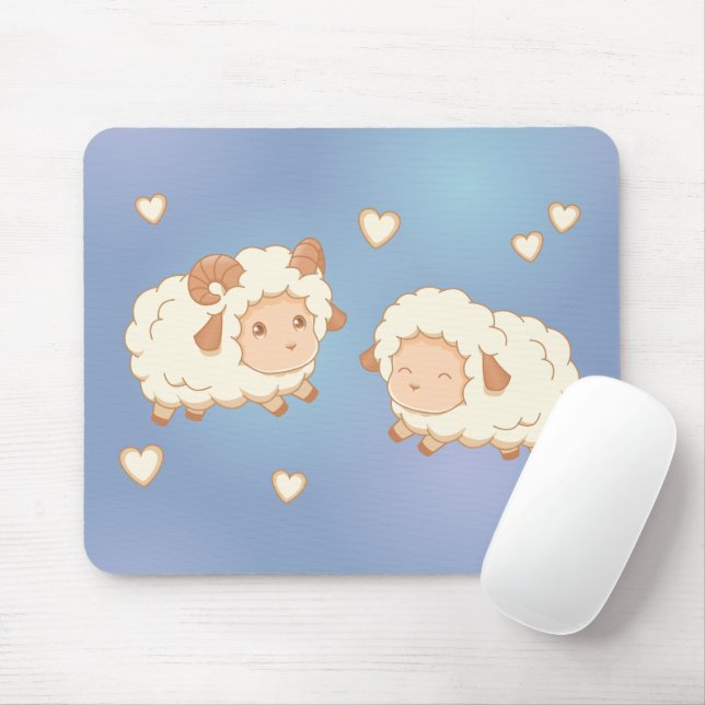 Mousepad Duas Pequenas Ram de Ovelha Bonitas de Azul (Com mouse)