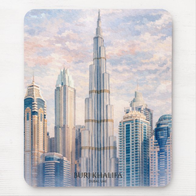 Mousepad Dubai Burj Khalifa Luxury City Skyline Watercolor  (Frente)