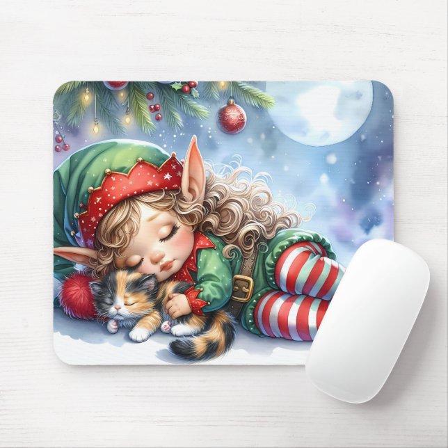 Mousepad Duende de Natal Adormecido com Gatinho Calico (Com mouse)