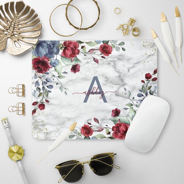 Mousepad Dusty Blue Burgundy Floral Marble Name Monograma (Criador carregado)