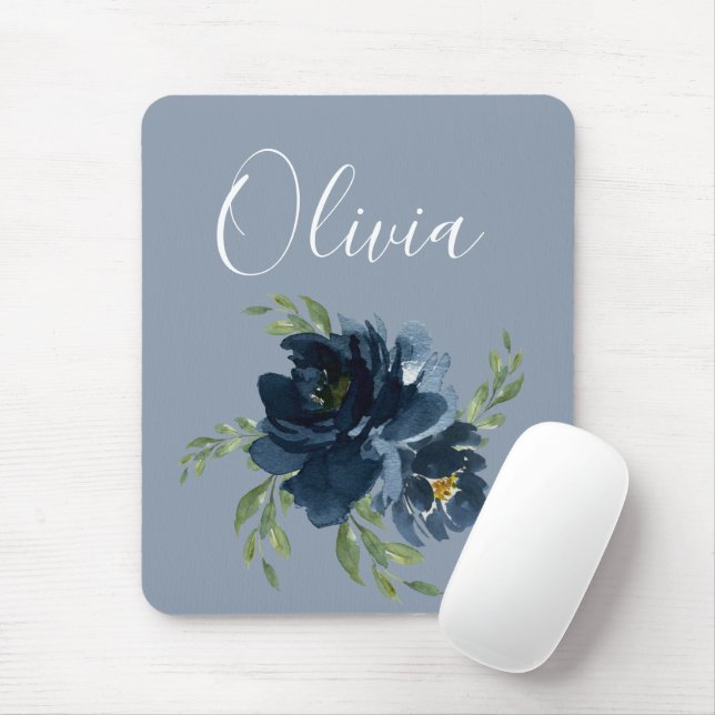 Mousepad Dusty Blue Elegant Nome Floral Watercolor Modern (Com mouse)