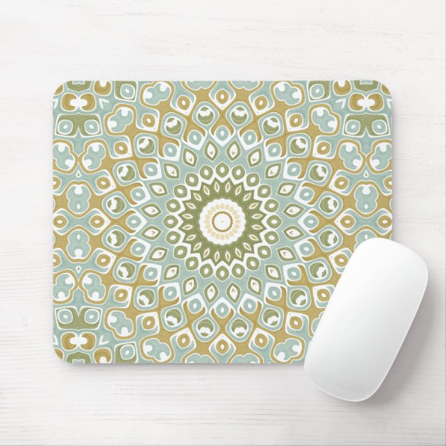 Mousepad Earthy Mandala in Green, Gold, and Soft Blue (Com mouse)