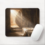 Mousepad Easter Empty Tomb with Shroud<br><div class="desc">Sun rays illuminate a stone tomb through an open entrance,  casting dramatic shadows on a draped cloth resting on a stone slab that hints at a significant absence</div>