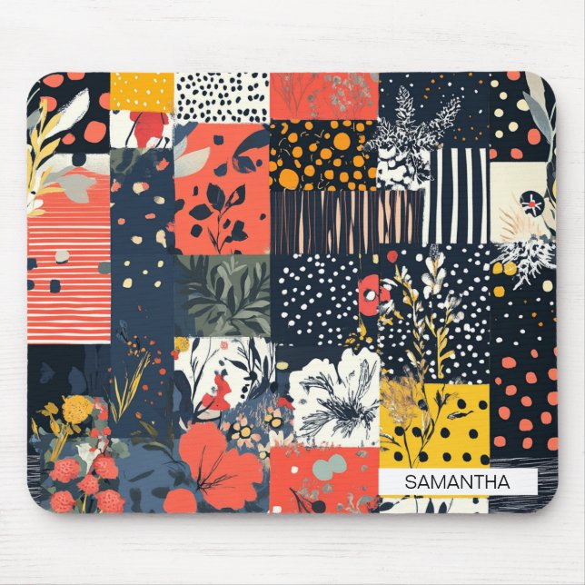 Mousepad Eclético Patchwork Botânico Ousado com Pontos (Frente)