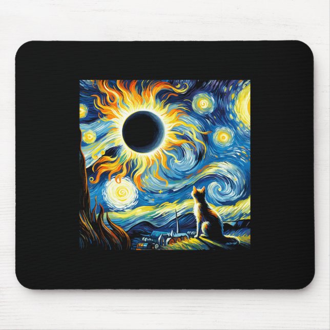 Mousepad Eclipse Solar Total 2024 Van Gogh Starry Night Cat (Frente)