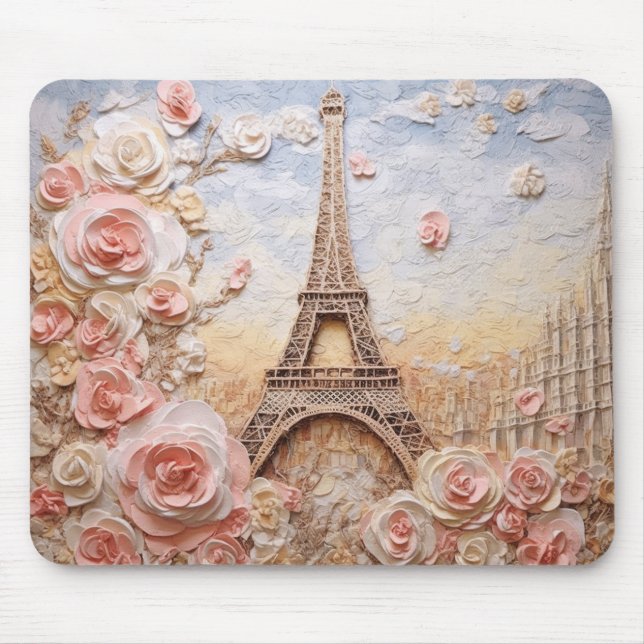 Mousepad Eiffel Tower Paris França Floral Rosa Francês (Frente)
