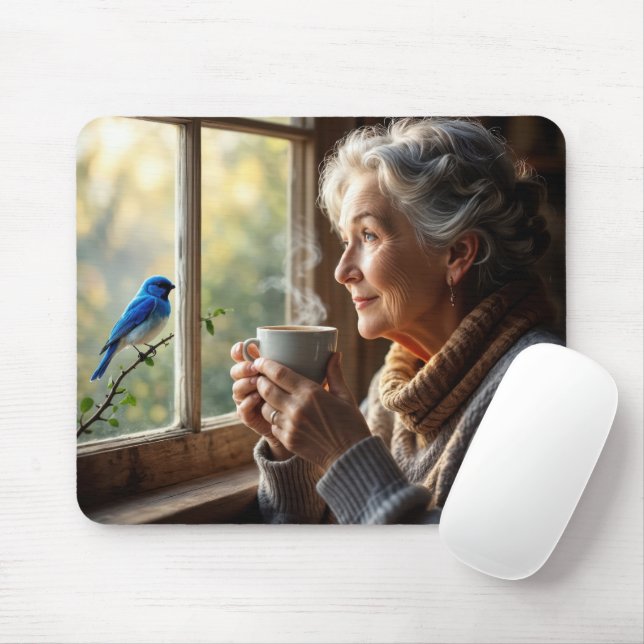 Mousepad Elderly Woman Watching a Bluebird (Com mouse)