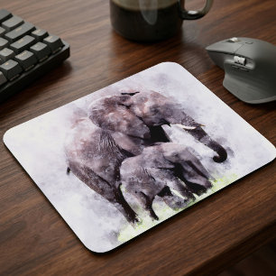 Mousepad Elefante-Africano Fêmea com Filhote Aquarela