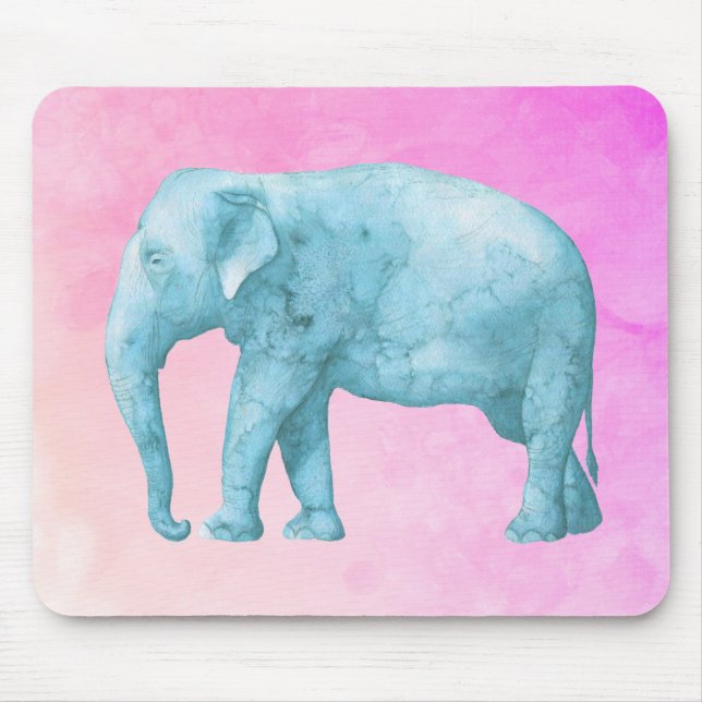 Mousepad Elefante de Cor da Água Azul Claro em Fundo Rosa (Frente)