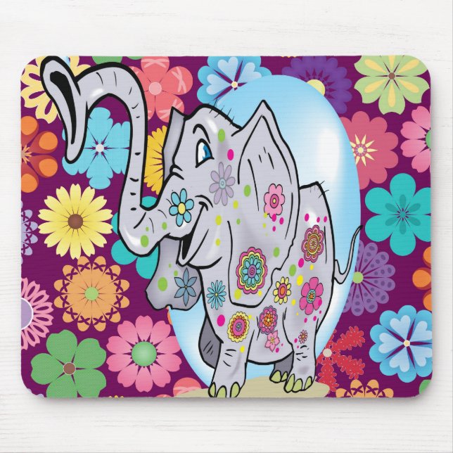 Mousepad Elefante de Hippie bonito com flores coloridas (Frente)