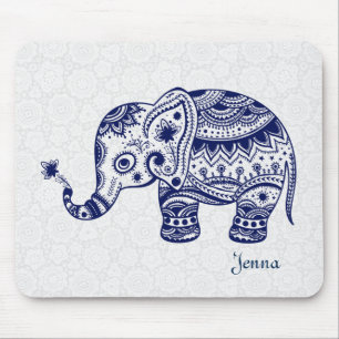 Mousepad Elefante Floral Bonito A Azul Marinho