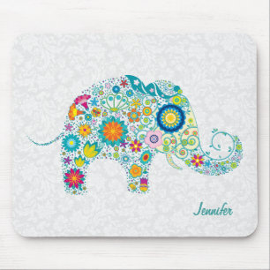 Mousepad Elefante floral retro colorido & damascos brancos