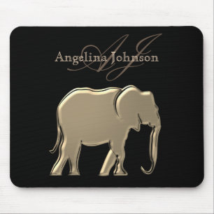 Mousepad Elefante Moderno Monograma em Folha Dourada e Pret
