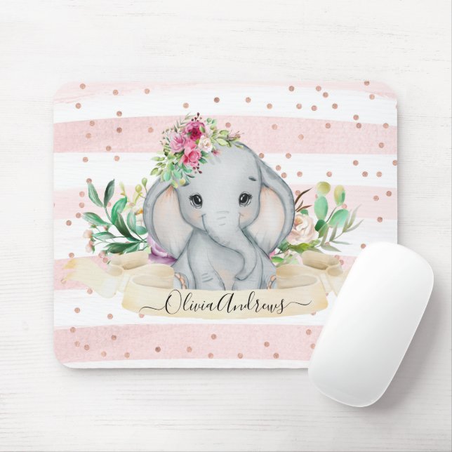 Mousepad Elefante para bebês e flores Desenho de aquarela (Com mouse)