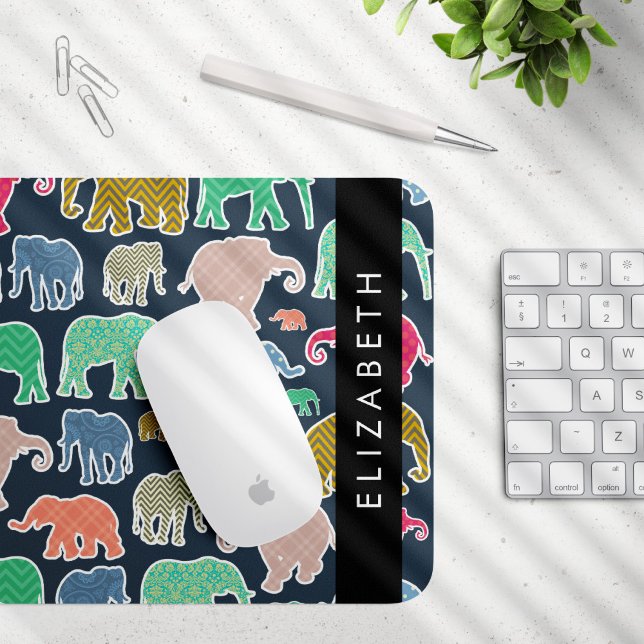 Mousepad Elefantes Coloridos, Padrão Elefante, Seu Nome (Criador carregado)