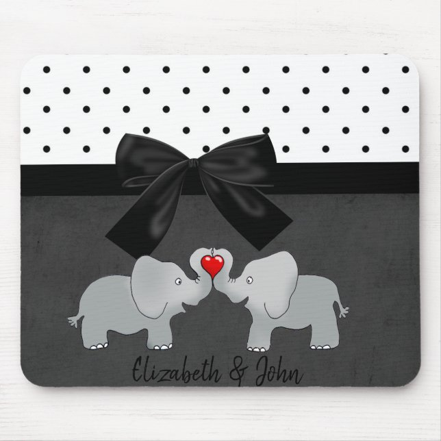 Mousepad Elefantes Fofos e Adoráveis, Bolinhas, Laço (Frente)