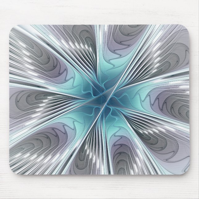 Mousepad Elegance Modern Blue Cinza White Fractal Art Flowe (Frente)