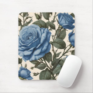 Mousepad Elegância Azul: Vintage Rosas Provinciais em Bloom